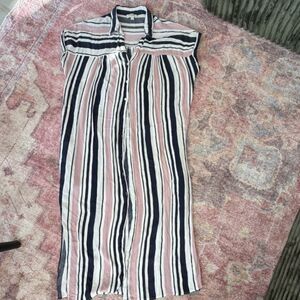 Umgee White Pink Navy Striped Long Shirt Dress Collared Short Sleeve Size S